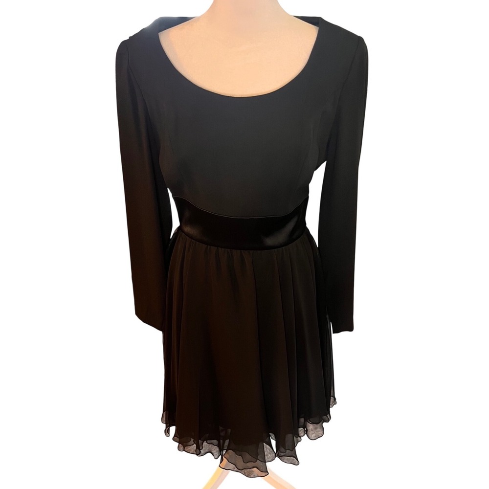 Nipon Night Vintage Black Cocktail Dress Long Sleeve Chiffon Skirt SatinWaist 10